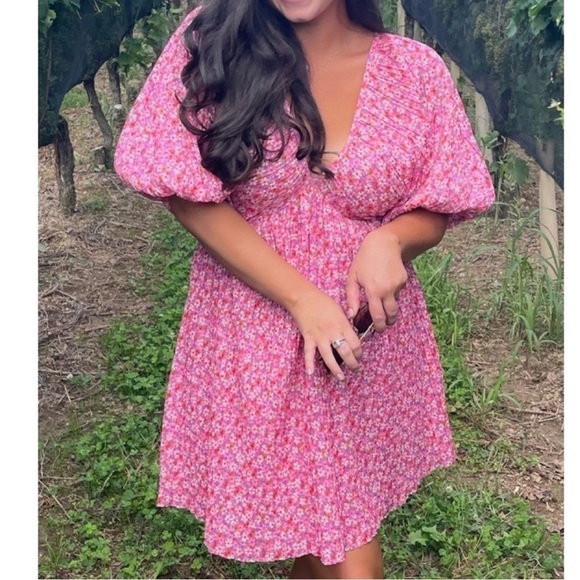 Zara Mini Dress S Printed Pleated Micro Floral Balloon Sleeve Blogger Influencer - Picture 1 of 14